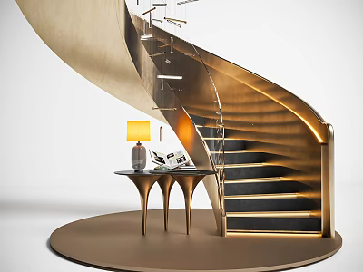 Modern Golden Spiral Staircase With Metal Railing Dark Steps Side Table And Yellow Lamp 3d model
