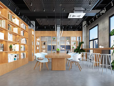 Book Art Inspired Modern Interior With Wooden Bookshelves And Reading Tables 3d model