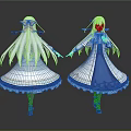 Anime Style Character Design With Long White Hair Blue Dress And Yellow Accents