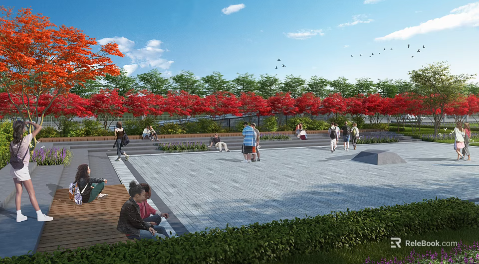 Vibrant Campus Landscape With Red Trees Green Vegetation And Students In Plaza 3d model 
