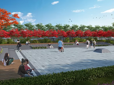 Vibrant Campus Landscape With Red Trees Green Vegetation And Students In Plaza 3d model