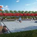 Vibrant Campus Landscape With Red Trees Green Vegetation And Students In Plaza