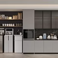 Modern Kitchen Interior With Gray Cabinets Black Wall Marble Countertop And Appliances