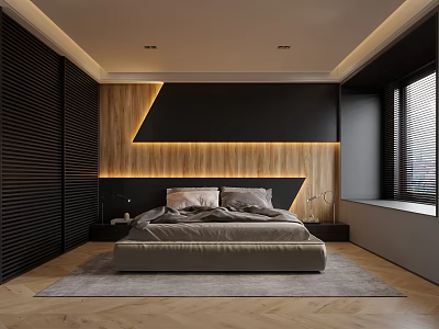 Modern Bedroom Interior Design With Upholstered Bed Wooden Accent Wall Ambient Lighting And Area Rug 3d model