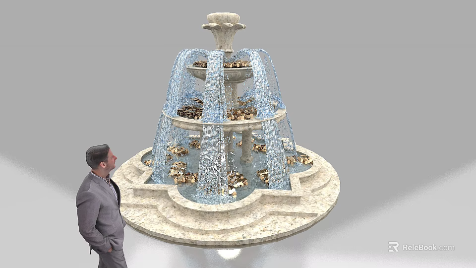 Decorative Multi Tiered Garden Fountain With Flowing Water And Stone Steps 3d model 