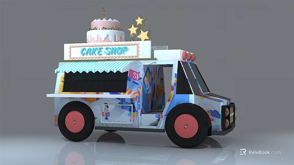 Mobile Cake Shop Functional Vehicle With Colorful Design Top Cake And Stars 3d model 