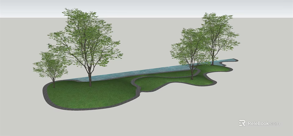 Arbor Landscape Design With Green Grass Water Pool And Winding Path 3d model