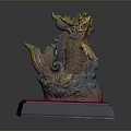 Traditional Golden Red Dragon Sculpture With Red Base And Intricate Details