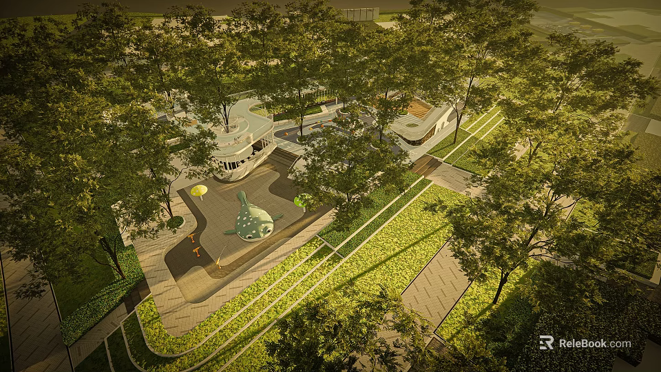 Outdoor Children's Playground With Lush Trees Safe Play Structures And Green Surfaces 3d model 