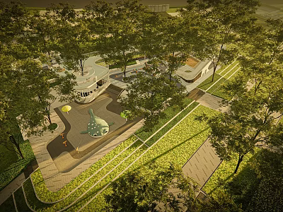 Outdoor Children's Playground With Lush Trees Safe Play Structures And Green Surfaces 3d model