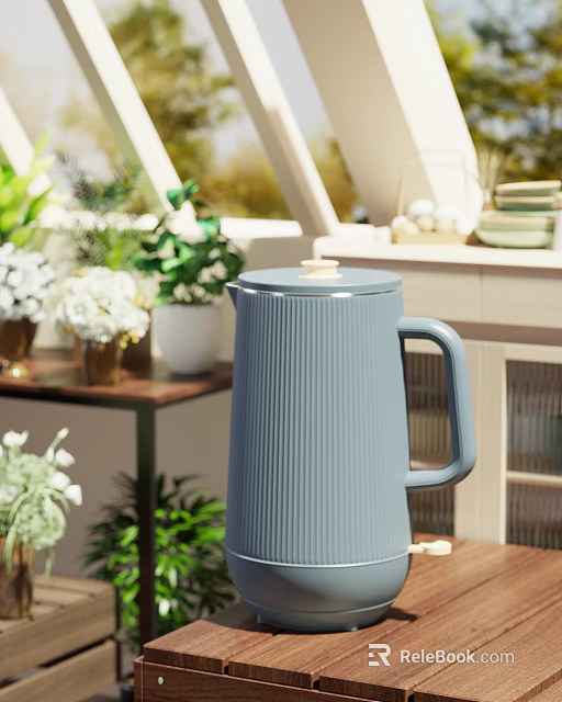 Home Balcony with Gray Kettle Green Plants Wooden Table and Bright Window 3d model 