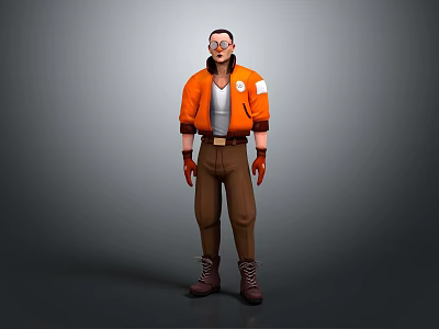 3D Worker Character Wearing Orange Jacket White Shirt Brown Pants And Red Gloves With Goggles 3d model