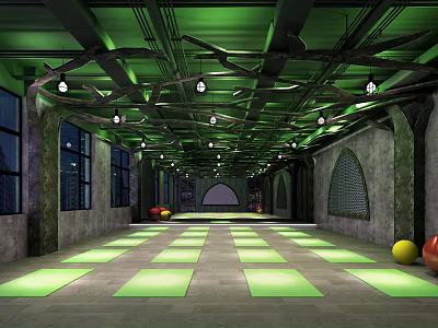 Spacious Indoor Fitness Studio With Green Ceiling Exercise Mats And Colorful Balls 3d model