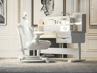 Modern White Desk and Chair Set for Home Office with Ergonomic Chair and Drawer Storage 3d model