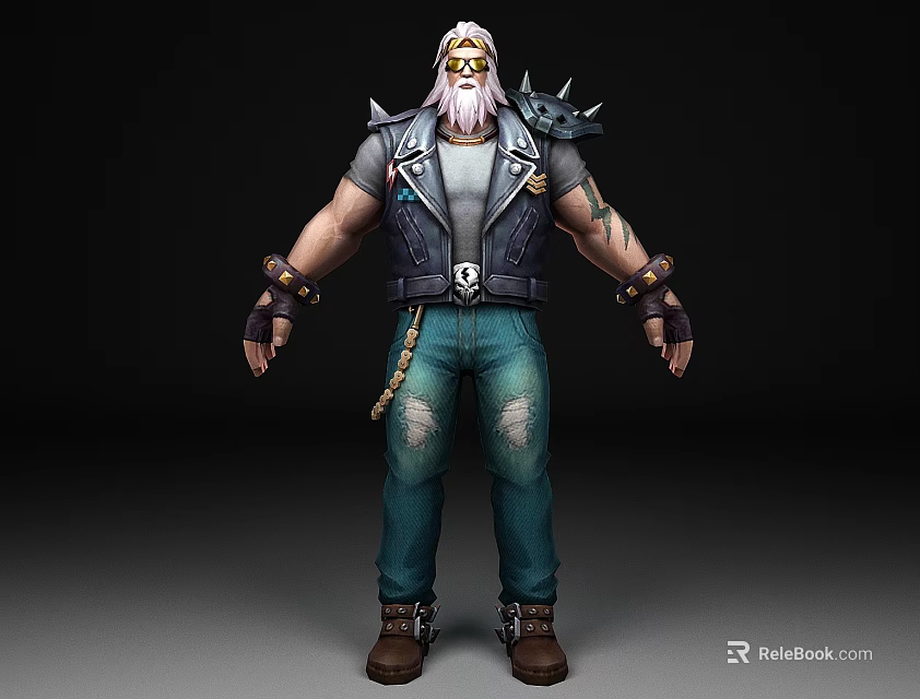 Man With White Long Hair Beard Spiked Leather Vest Tattooed Arms Blue Ripped Jeans 3d model 