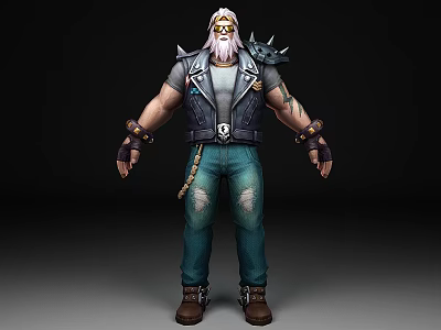 Man With White Long Hair Beard Spiked Leather Vest Tattooed Arms Blue Ripped Jeans 3d model