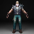 Man With White Long Hair Beard Spiked Leather Vest Tattooed Arms Blue Ripped Jeans