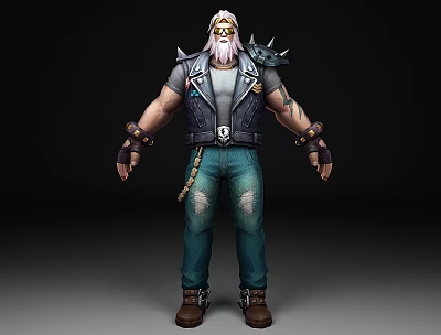 Man With White Long Hair Beard Spiked Leather Vest Tattooed Arms Blue Ripped Jeans 3d model