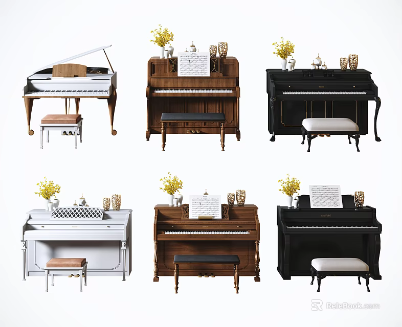 Various Colored Acoustic Pianos With Stools Decorated With Sheet Music And Vases 3d model 