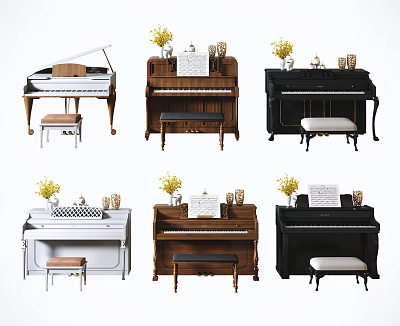 Various Colored Acoustic Pianos With Stools Decorated With Sheet Music And Vases 3d model
