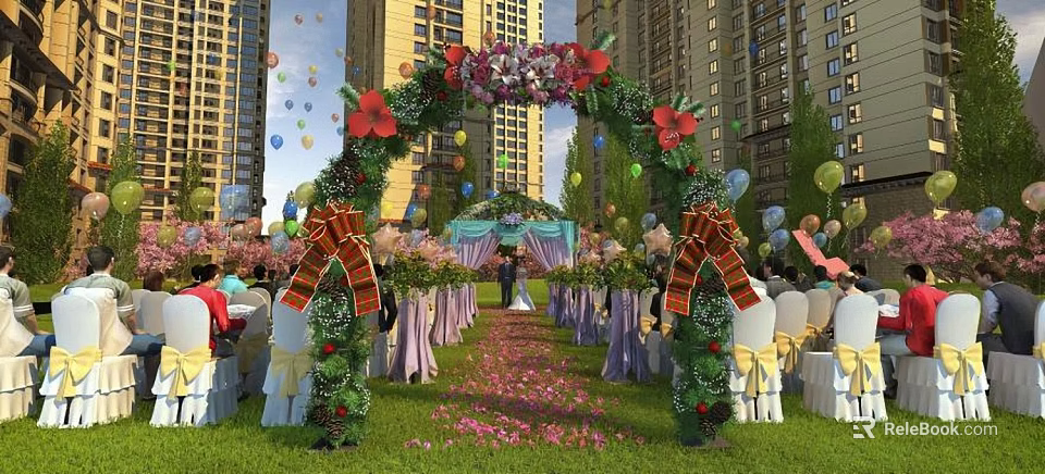 Beautiful Garden Landscape With Floral Arch Green Lawn Balloons Tall Buildings And Arranged Chairs 3d model 