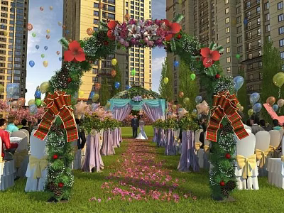 Beautiful Garden Landscape With Floral Arch Green Lawn Balloons Tall Buildings And Arranged Chairs 3d model