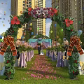 Beautiful Garden Landscape With Floral Arch Green Lawn Balloons Tall Buildings And Arranged Chairs