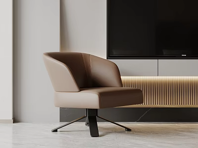 Brown Leather Accent Chair With Modern Curved Backrest Black Metal Legs In Contemporary Living Room 3d model