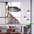 Modern Bedroom Interior with Gray Double Bed Pillows Abstract Artwork Bookshelf and Floor Lamp