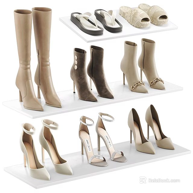 Women's High Heeled Boots And Heels In Beige Brown With Chain Details On White Shelves 3d model 