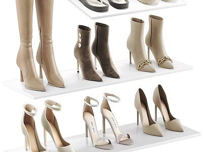 Women's High Heeled Boots And Heels In Beige Brown With Chain Details On White Shelves 3d model
