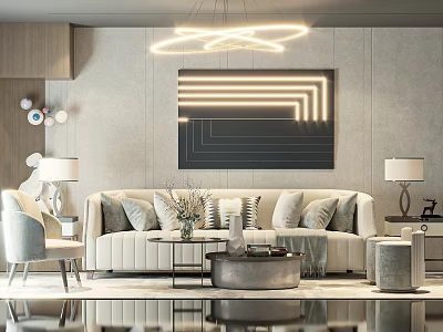 Modern Living Room Interior With Beige Sofa Round Chandelier And Decorative Painting 3d model