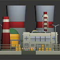 Cartoon Industrial Scene with Tall Red White Towers Small Building and Yellow Warning Signs