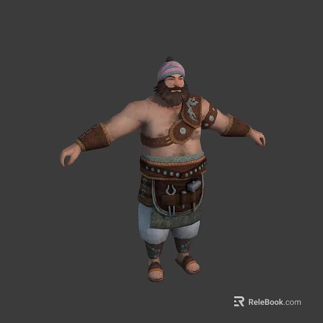 3D Obese Bearded Character With Turban Decorative Belt Arm Wraps Short Pants Leg Bindings Sandals 3d model 