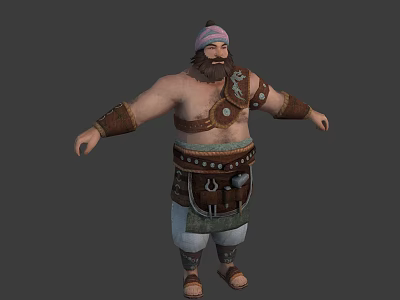3D Obese Bearded Character With Turban Decorative Belt Arm Wraps Short Pants Leg Bindings Sandals 3d model