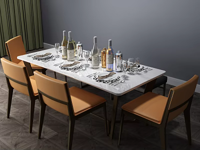 Elegant Dining Table Set With Orange Chairs Wine Bottles Glasses And Cutlery 3d model