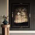 Elegant Abstract Painting Featuring Moon Grid Lines And Mountain Silhouette For Modern Interior Decor