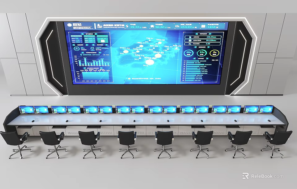Modern Control Room Featuring Large Display Screen With Data Visualization And Control Panels 3d model 