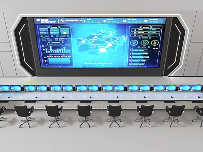 Modern Control Room Featuring Large Display Screen With Data Visualization And Control Panels 3d model