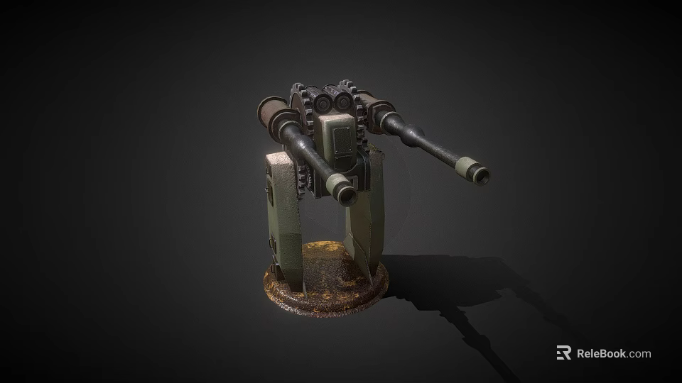 Twin Barrel Weapon Design Featuring Mechanical Mount And Rustic Base Structure 3d model