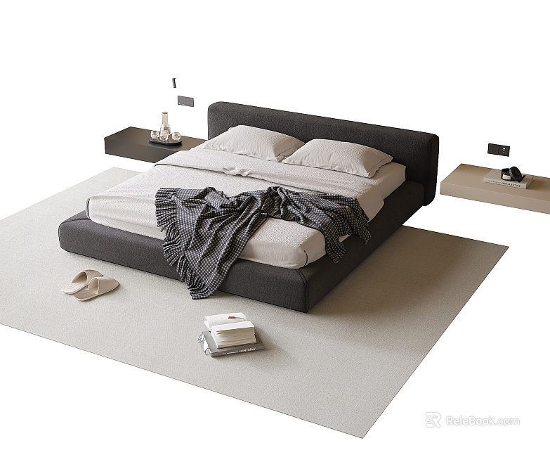 Modern Gray Double Bed Interior with White Pillows Gray Throw Blanket Nightstands and Rug 3d model 