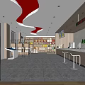 Bright Lighting Showroom Interior With Display Shelves Sofa And Digital Screen