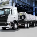 White SCANIA Dump Truck Parked In Industrial Facility With Metal Structure