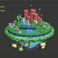 Cartoon Scene of Floating Island With Pink Castle Blue Pool Green Ground And Colorful Decorations