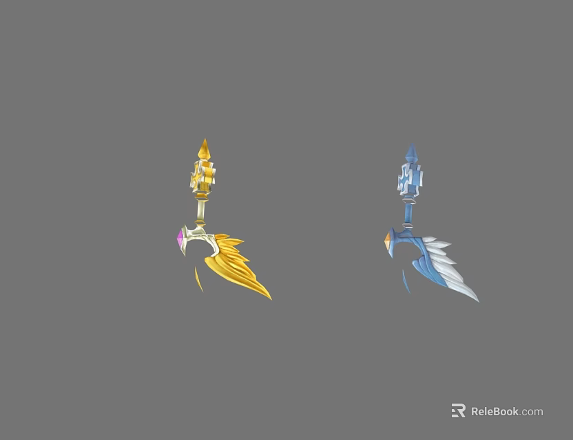 Game Movie Character Weapon With Golden And Blue Feather Design Fantasy Equipment 3d model 