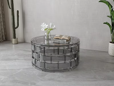 Clear Acrylic Round Coffee Table With White Flowers Vase And Open Book In Modern Minimalist Space 3d model