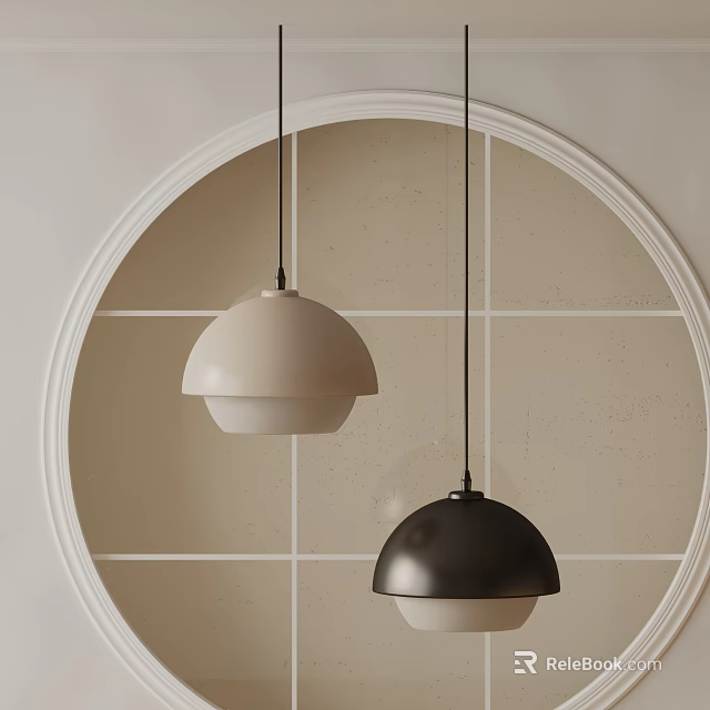 Beige And Black Pendant Lights Hanging In Circular Frame With Light Tiled Wall 3d model 