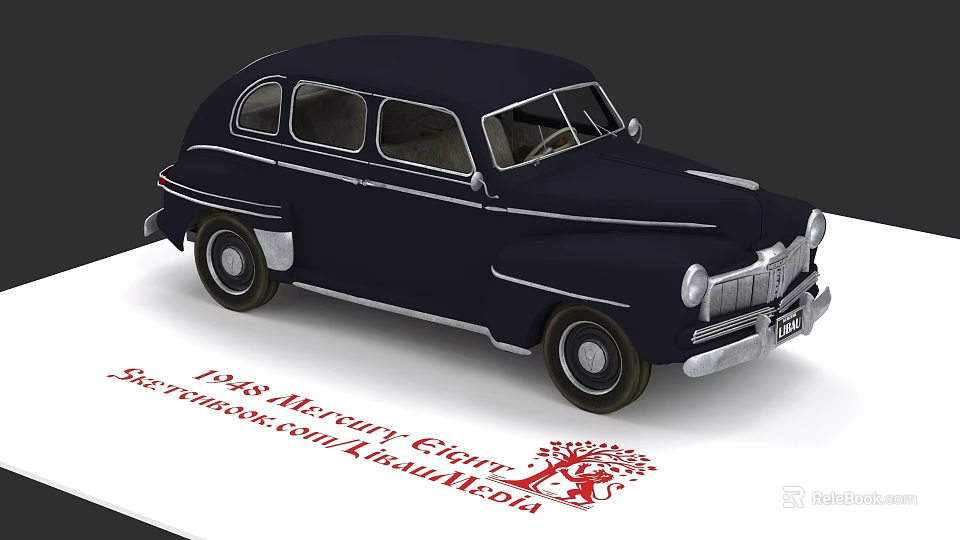 1948 Mercury Eight Vintage Car Display with Specifications Sheet and Red Logo 3d model 