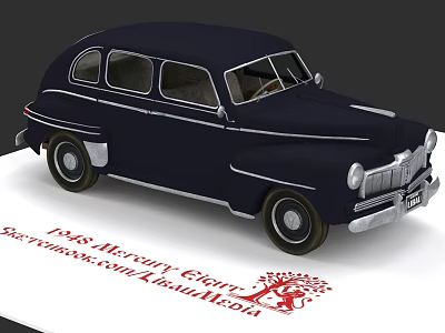 1948 Mercury Eight Vintage Car Display with Specifications Sheet and Red Logo 3d model