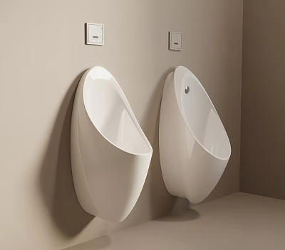 Modern White Wall Mounted Urinals With Ceramic Fixtures And Sensors In Public Bathroom Design 3d model